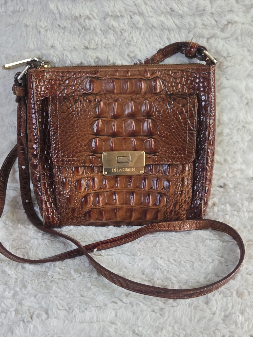 Brahmin Cognac Croc-Embossed Leather Crossbody with Gold Plate